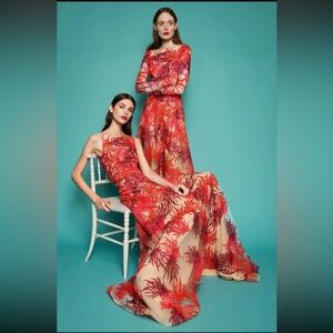Naeem Khan Embroidered Coral Tulle Dress Size 4 Red Cocktail Gown